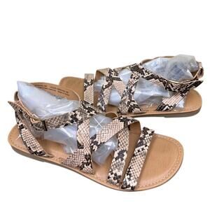 Women Size 8 Tan Black Brown Vacation Boho Snakeskin Greeway Strappy Flat Sandal